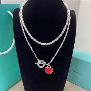 Tiffany & Co. Double-Strand Pearl Necklace with Red Heart Charm